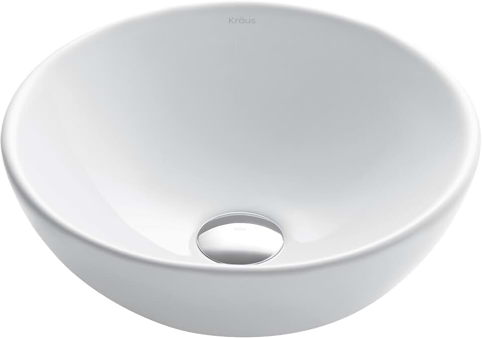 KRAUS Elavo Round Vessel White Porcelain Ceramic Bathroom Sink, 14 inch KCV-341