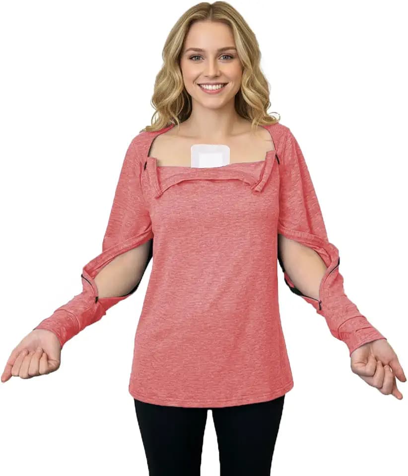 Youdiao Women's Port Access Shirt with Easy-Open Arm Zipper Soft Long Sleeve Top for Chemo, Dialysis & Post-Surgery Recovery