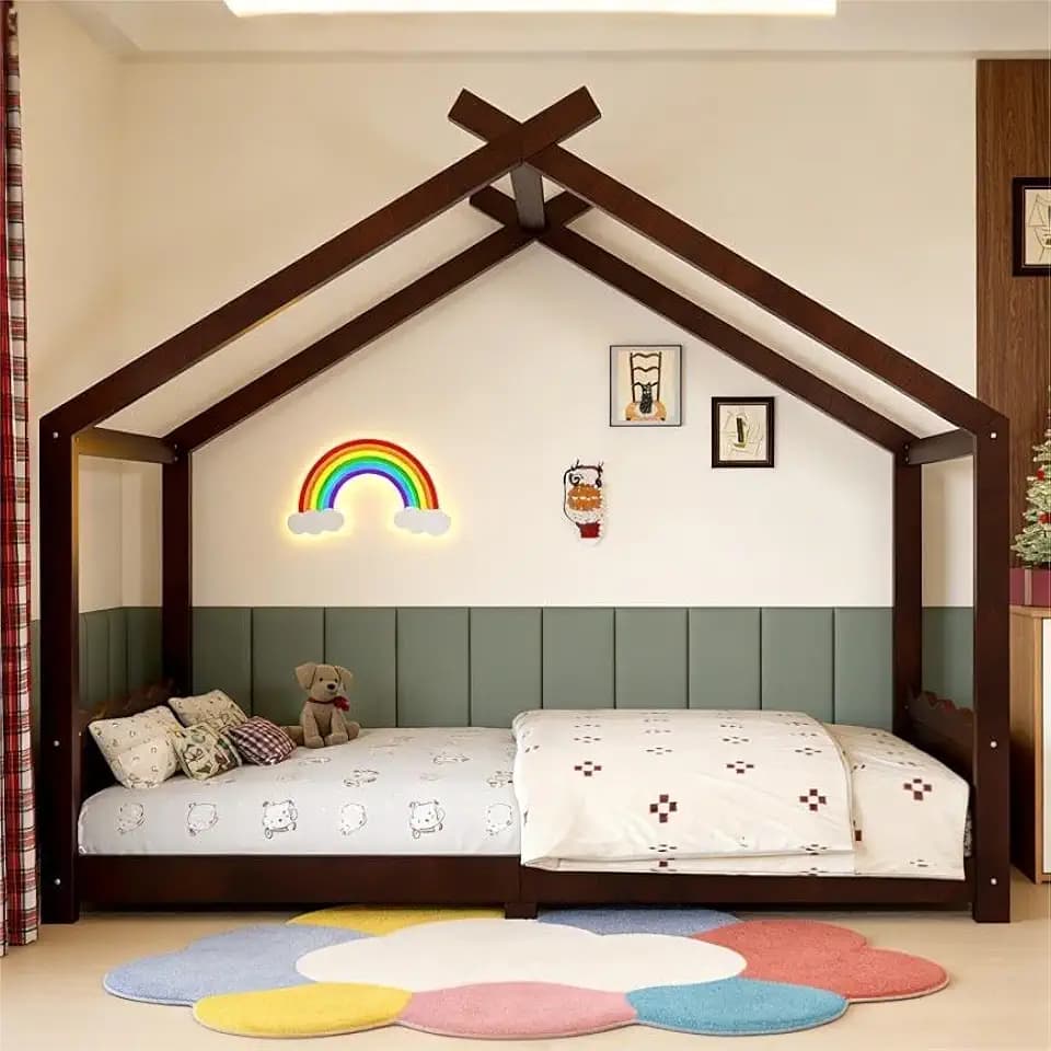 Bellemave Twin Montessori Floor Bed, House Bed Frame for Kids with Playful Roof, Solid Wood Low Profile Beds, Safe Children's Bedroom Furniture for Boys & Girls, No Box Spring Needed, Espresso