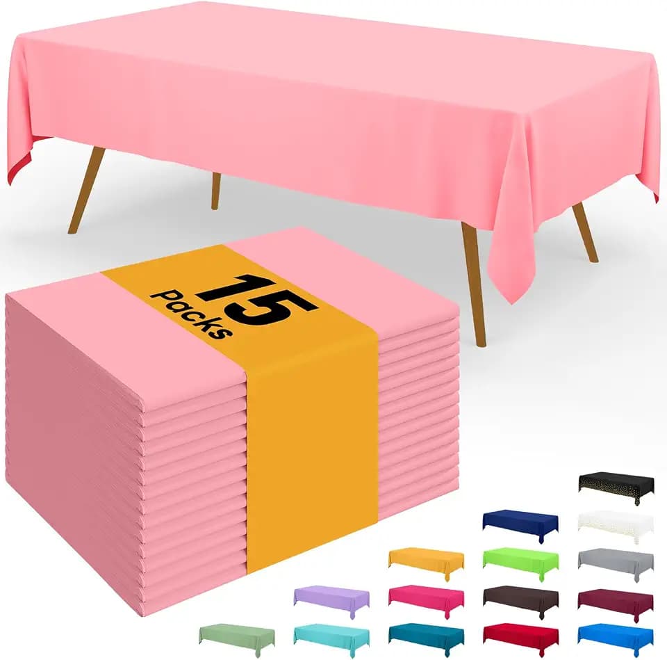 Smiry Disposable Table Cloth - 15 Pack, 54 x 108 Inch Waterproof Rectangle Tablecloths for Easter Party, Valentines & Mothers Day Decorations, Decorative Plastic Table Cover, Leakproof & Sturdy, Peach
