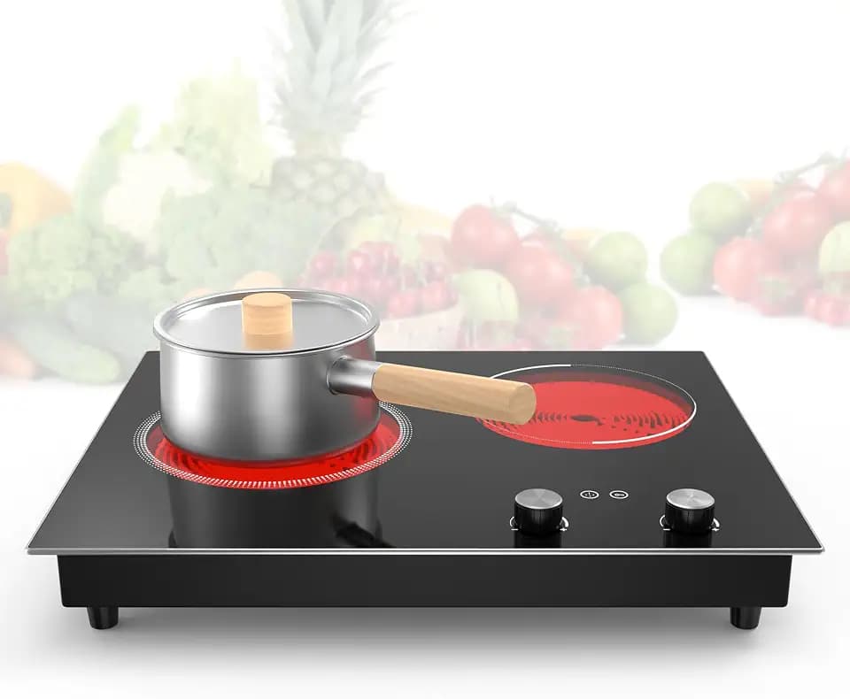 GIHETKUT Electric Cooktop,110V 2100W 2 Burner stove,Built-in & Countertop Stove Top with10 Heating Level, Timer & Kid Safety Lock, LED Knob Touch Control 2 Burner Electric Cooktop