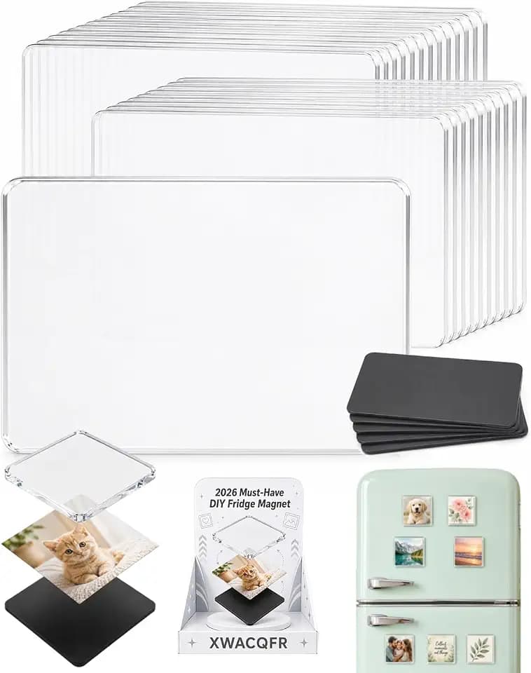 DIY Clear Acrylic Fridge Magnet Kit with Adhesive Backing, Refrigerator Magnets, Magnetic Photo Frames, Custom Picture Craft Set, Square Photo Frame Pack for Kitchen Office Classroom Decor