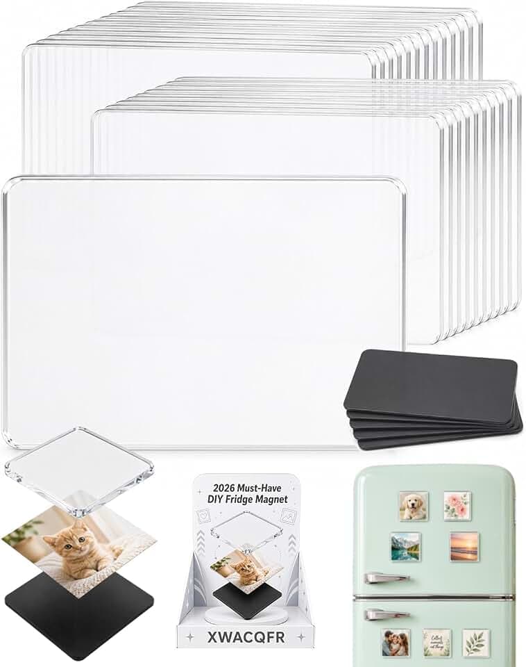 DIY Clear Acrylic Fridge Magnet Kit with Adhesive Backing, Refrigerator Magnets, Magnetic Photo Frames, Custom Picture Craft Set, Square Photo Frame Pack for Kitchen Office Classroom Decor