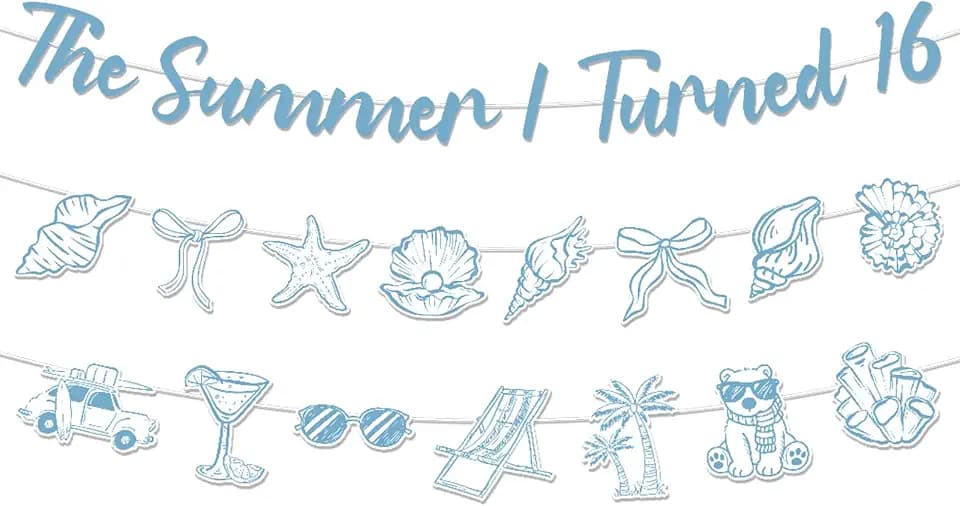 The Summer I Turned 16 Decorations - 3 Pcs Blue Coastal 16th Birthday Banner Decorations, Summer Beach Seashell Decor Supplies for Boy Girl Birthday Party