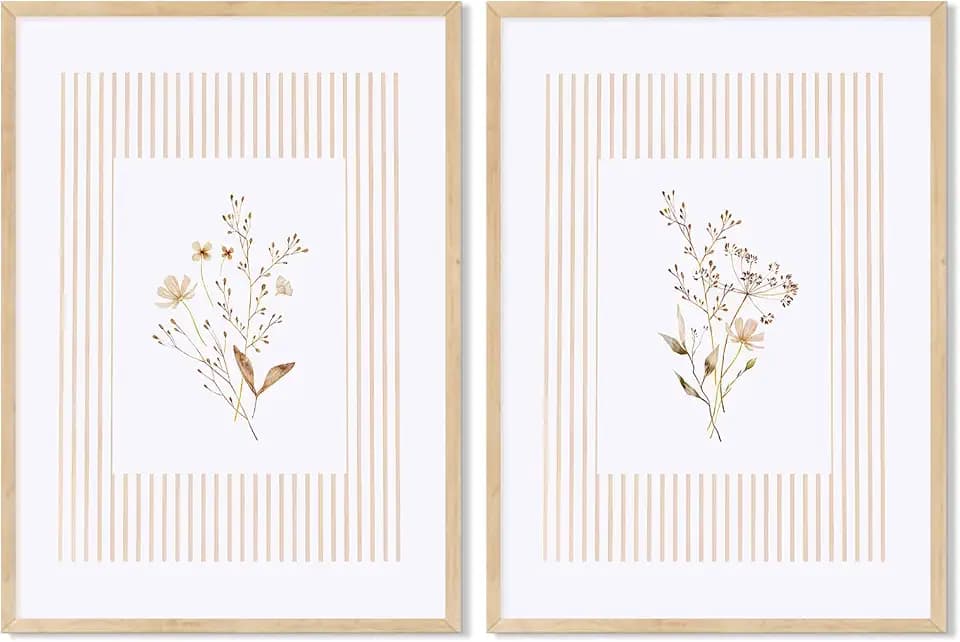 RFVXMGT Neutral Wildflowe Beige Stripe Poster Wall Art Set of 2,16x24 Inch Minimalist Wildflower Bathroom Decor,Rustic Cottagecore Striped Floral Prints Pictures for Living Room Bedroom