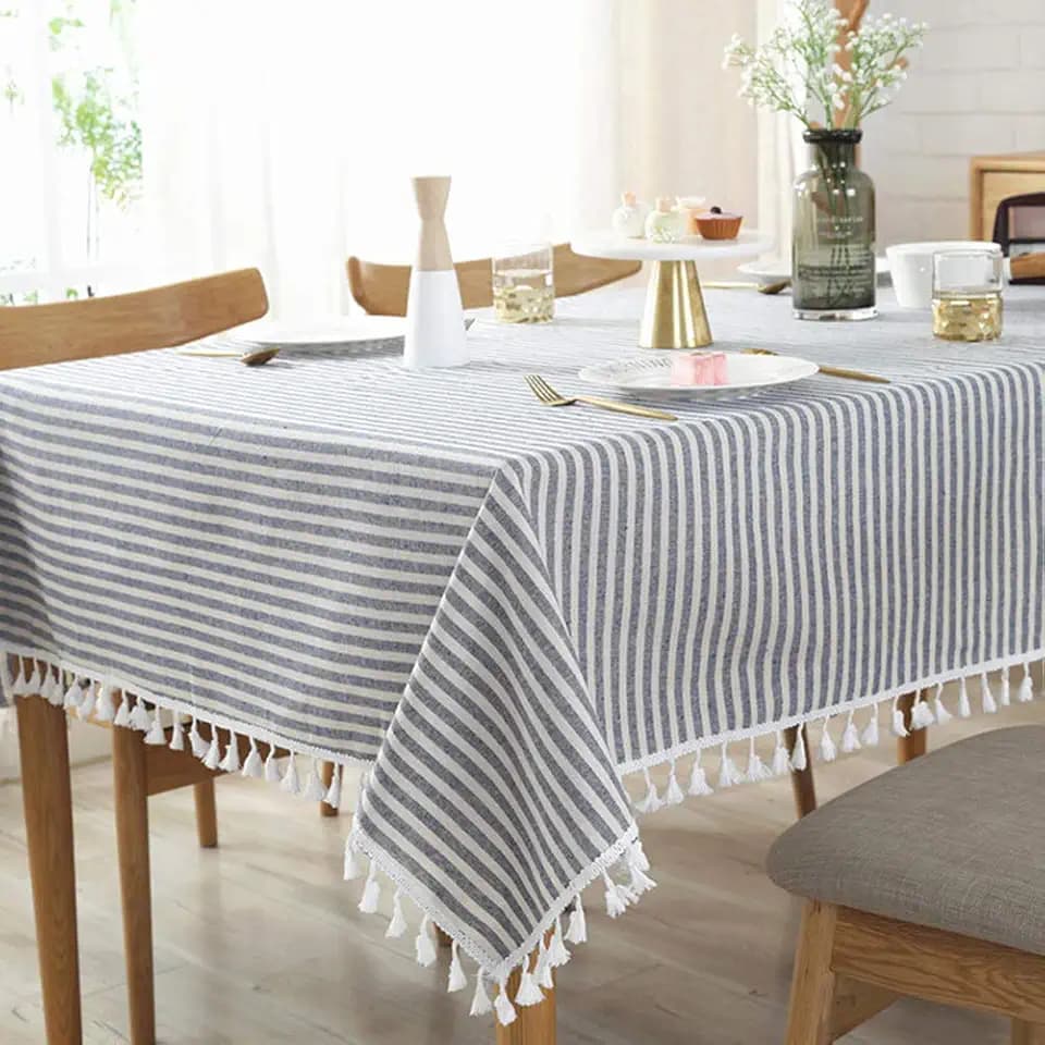 AMZALI Stripe Tassel Table Cloth Cotton Linen Stain Resistant/Dust-Proof Tablecloth Cover for Kitchen Dinning Tabletop Decoration (Rectangle/Oblong,35 x 55 Inch, Blue)