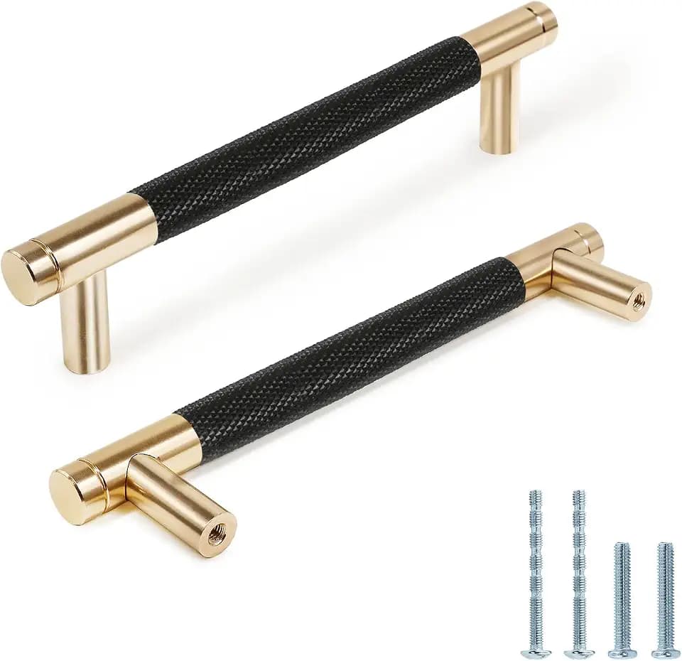 6" Length Knurled Cabinet Pulls 6 Pack - 5" Hole to Hole, Black & Gold