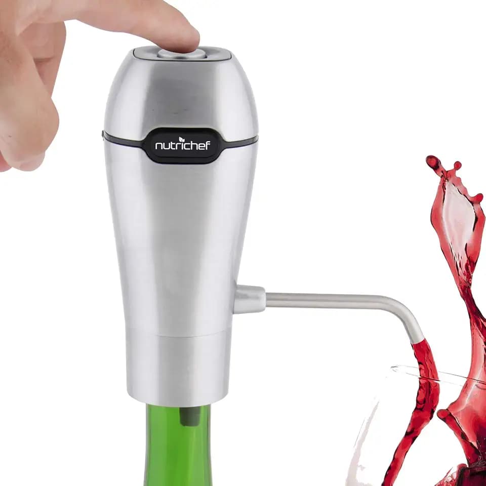 NutriChef Stainless Steel Electric Wine Aerator - Pocket and Travel Bottle Tap Aerating Dispenser Pump Set w/Rechargeable Battery, Accessories - Air Decanter Diffuser for Red, White Wine - NutriChef