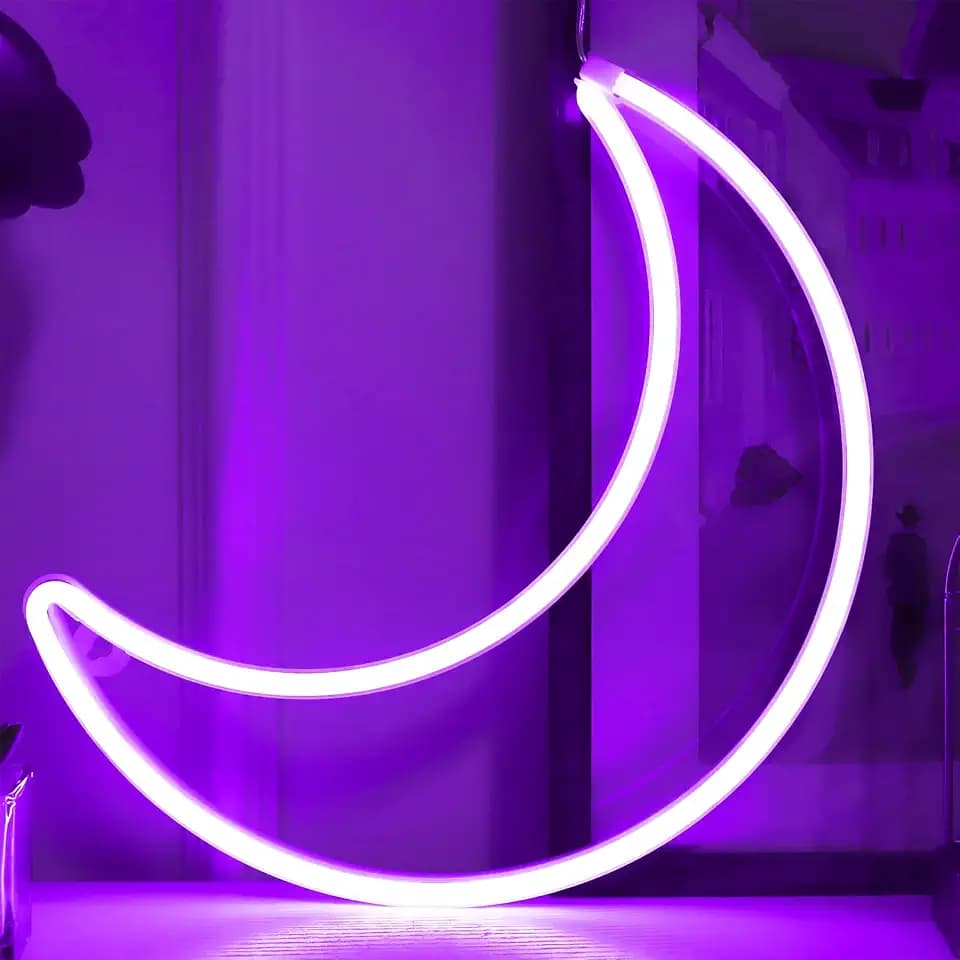 LED Purple Moon Neon Sign Light, Battery or USB Powered 5V Cute Room Decor