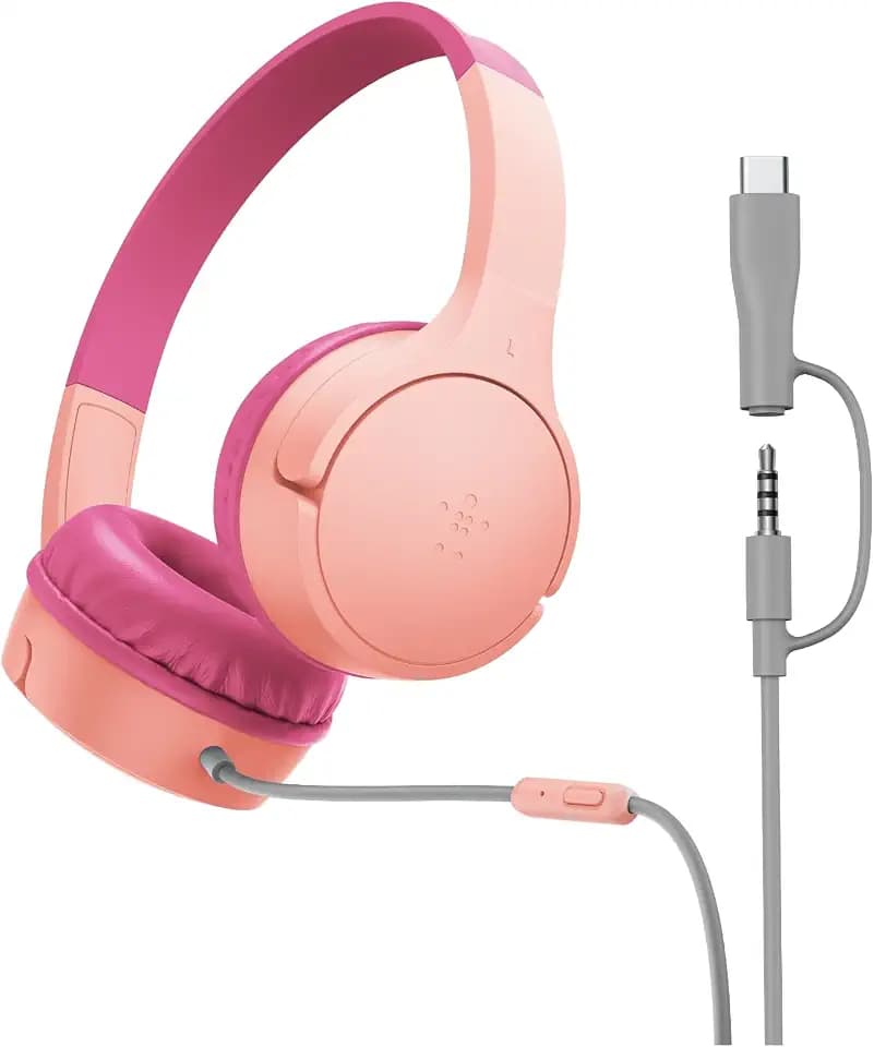 Belkin SoundForm Kopfhörer Kinder mit Kabel, USB-C auf 3,5-mm-Klinken Dongle, integriertes Mikrofon, Aufkleber, Lautstärkebegrenzung auf 85 dB, kompatibel mit iPhone, iPad, Galaxy usw. – Rosa