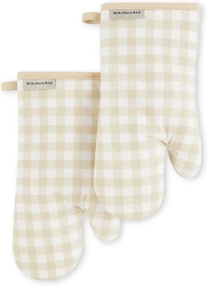 KitchenAid Gingham Oven Mitt 2-Pack Set, Milkshake Tan, 7"x13"