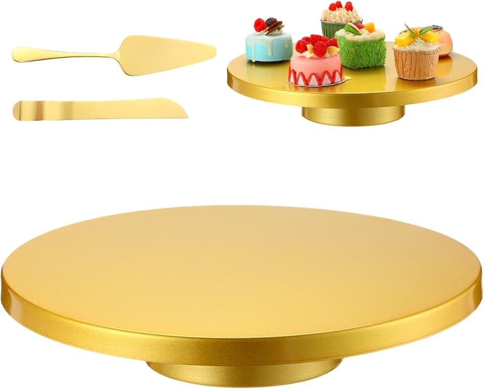 Wenqik Cake Stand Metal with Knife Spatula Set, Gold, 14 Inch