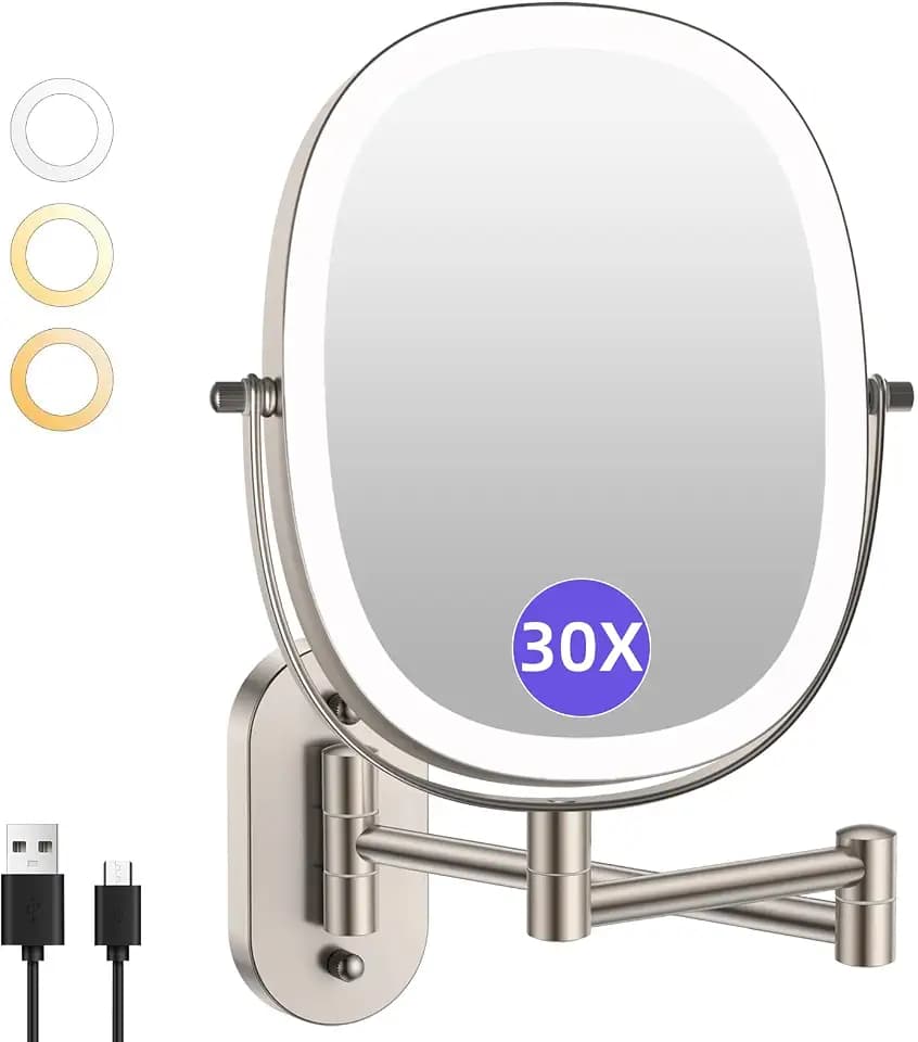FUNTOUCH 5000mAh Rechargeable Wall Mounted Lighted Makeup Mirror,Nickel