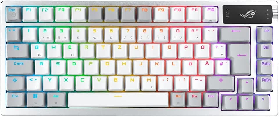 ASUS ROG Azoth White RGB Gaming-Tastatur | QWERTZ, 75% Formfaktor, mechanische ROG NX-Switches, OLED-Display, Wireless, 2,4-GHz-RF, USB, Windows & MacOS-Modus, weiß