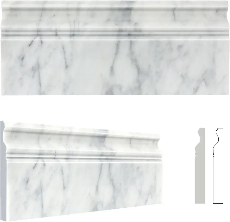 4 Pack Carrara White Marble Baseboard Trim Molding 5 x12'' Polished Wall Base Moulding for Bathroom Wall and Kitchen Backsplas