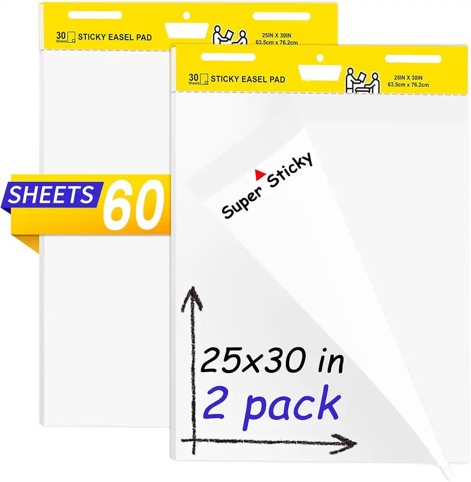 Sticky Easel Pad, Flip Chart Paper for Teachers 25 x 30 Inches, Super Sticky Bleed Resistant, Large White Premium Self Stick Easel Paper, 30 Sheets/Pad, 2 Pads
