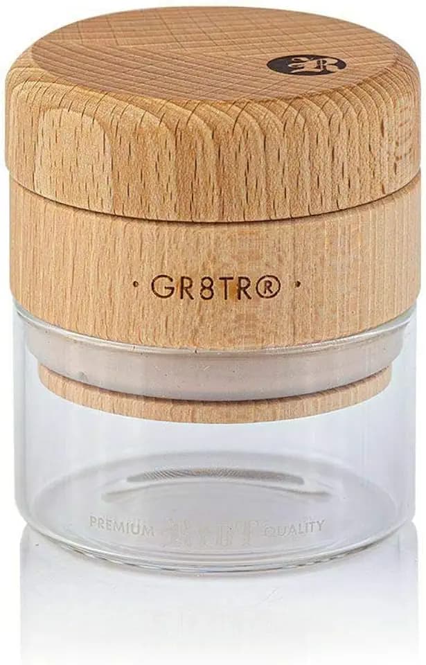 RYOT Wood GR8TR Herb Grinder with Clear or Matte Black Jar Body and Beech or Walnut Top (Beech Top/Clear Jar)