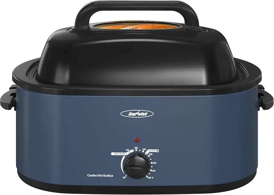 Sunvivi Roaster Oven, Electric Roaster Oven with Viewing Lid, 28lb 24-Quart Turkey Roaster with Unique Defrost/Warm Function, Large Roaster with Removable Pan & Rack, Stainless Steel, Blue