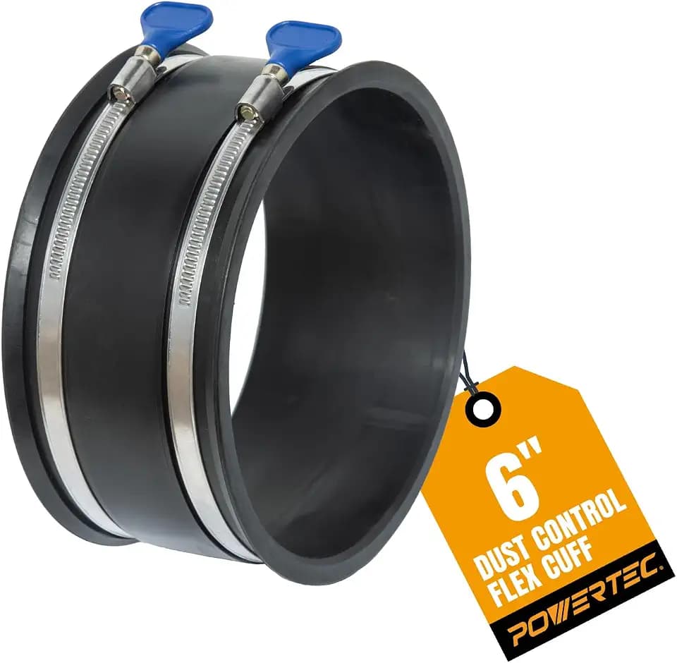 POWERTEC 70281 6 Inch Dust Control Flex Cuff with Adjustable Key Hose Clamps, Hose Connector Rubber Cuff Coupler for Woodworking Dust Collection Fittings, Dust Collector Accessories & Machinery, 1pk
