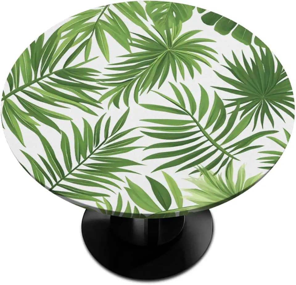 Pardick Summer Leaves Round Fitted Tablecloth with Elastic Edge 45"-56" Fitted Table Cloth for Round Table Circular Table Cover Waterproof Wipeable Round Elastic Table Cloth
