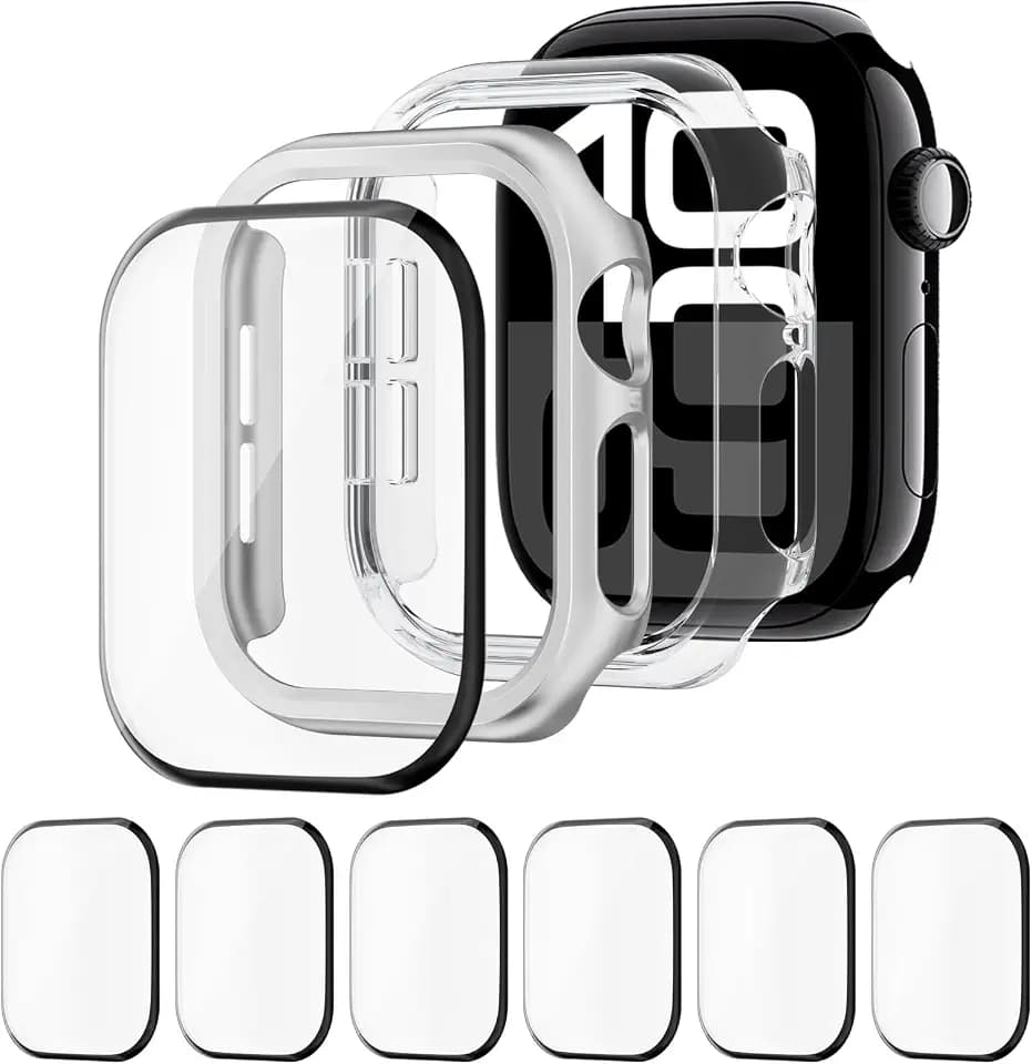 2 Stück Schutzhülle+6 Stück Displayschutz für Apple Watch 42mm 46mm 44mm 40mm 45mm 41mm,mit Schutzfolie Locator, Kratzfester Stoßfest Schutz Case für iWatch SE Serie 10/9/8/7/6/5/4(Nicht für Serie 3)