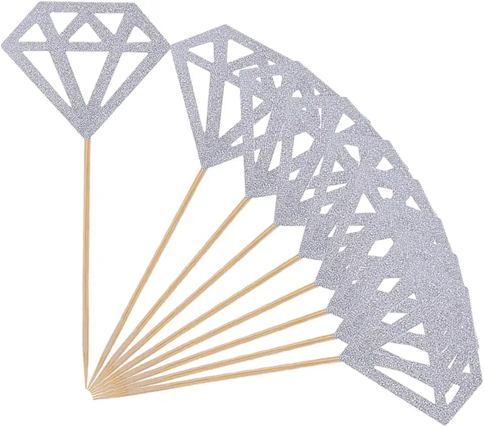 50 Pack Diamond Cupcake Toppers Silver Glitter Diamond Cupcake Picks for Wedding Bridal Shower Party Cake Decoration Supplies