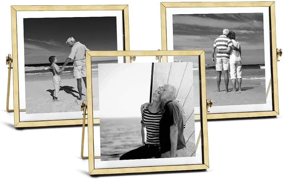 AceList Gold Picture Frames, Set of 3 Metal Floating 4 in Frame with Stand