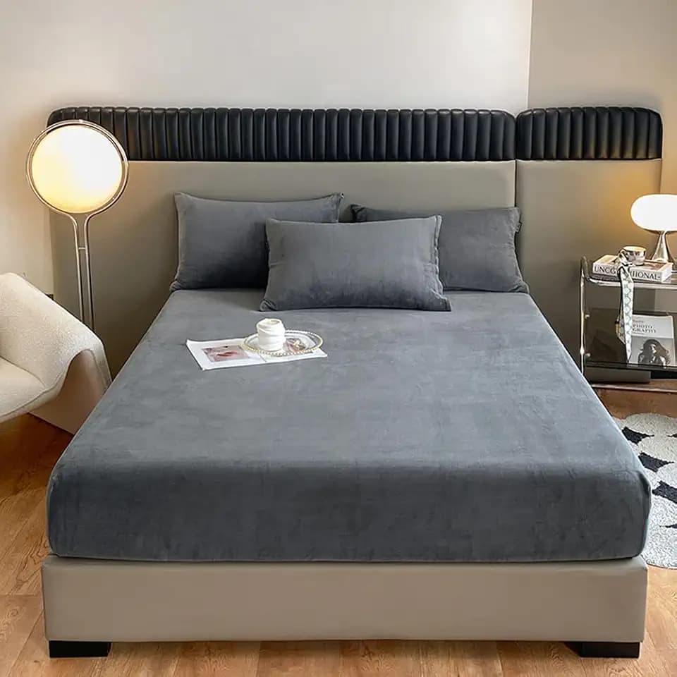 LweiPsqLin Velvet Fitted Sheet Twin XL Size,Fleece Plush Bed Sheet Mattress Protector Cover with 15'' Deep Pocket Warm Fuzzy Bottom Sheet,Dark Gray (Not Include Pillowcases)