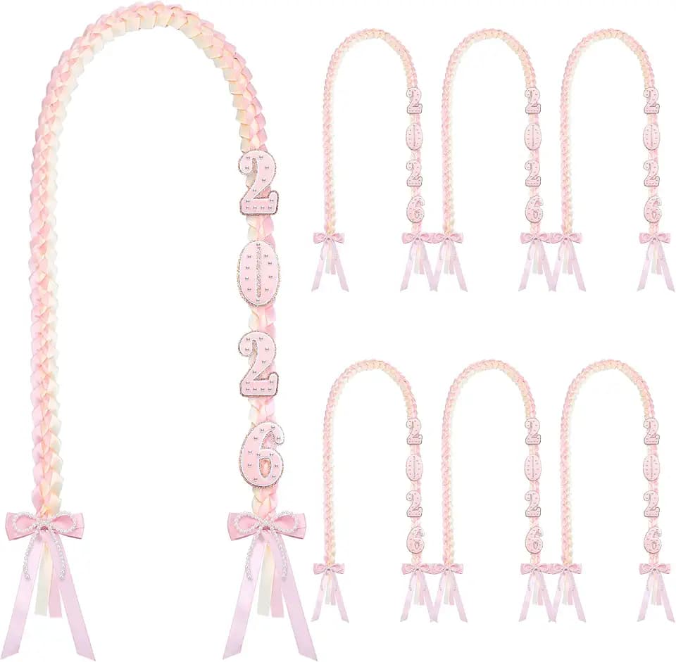 Mindsoft 6 Pack Grad Lei 2026 Braided Necklace, Rose Pink, Pearl Number