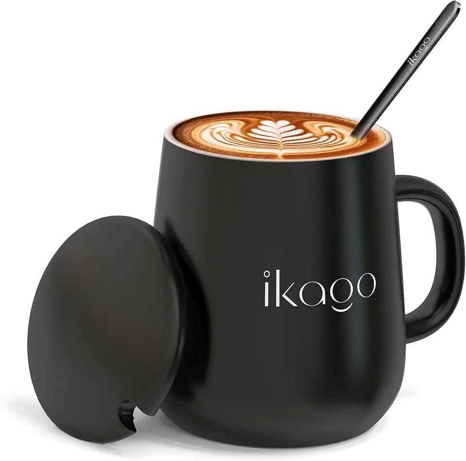Ikago Ceramic Coffee Mug Set, 15oz Mugs with Lid and Spoon