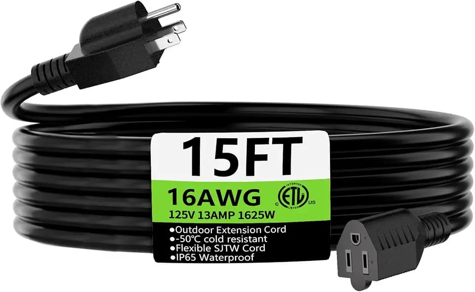 HUANCHAIN Black Extension Cord 15 FT, 16 Gauge, Outdoor Electric Cable