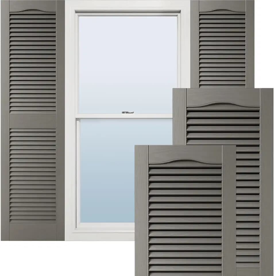 14 1/2"W x 59"H Lifetime Vinyl, TailorMade Cathedral Top Center Mullion, Open Louver Shutters, w/Shutter-Loks (Per Pair), Tuxedo Grey