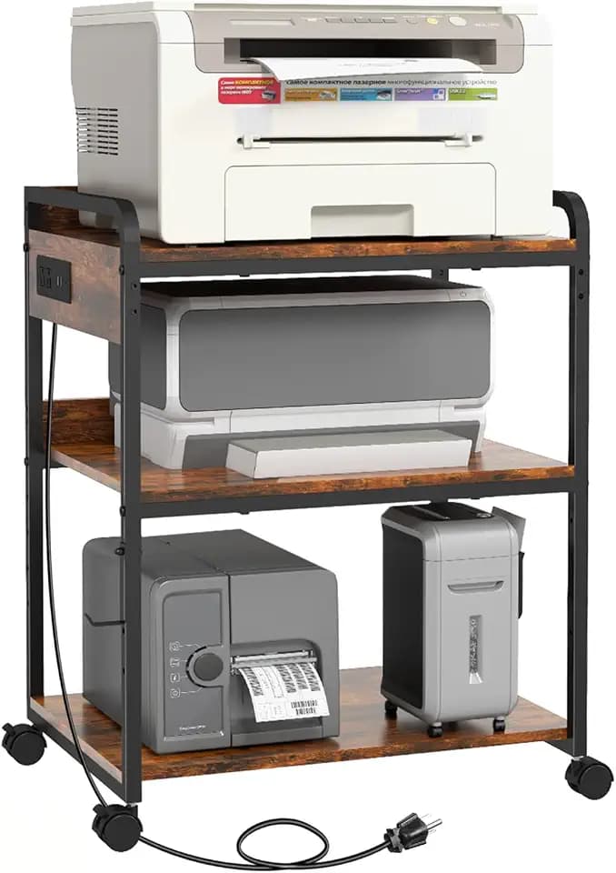 3-Tier Large Printer Stand with Power Outlet and Adjustable Storage Shelf
