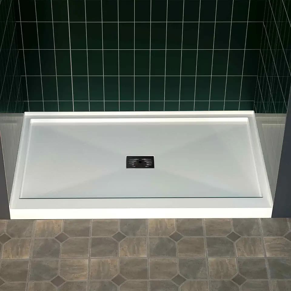 WOODBRIDGE 48" x 36" Solid Surface Shower Base in White with Center Drain,Single Threshold,Slip-Resistant Shower Pan for Alcove Installation