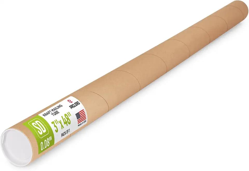 3" x 48" Reinforced Kraft Paper Mailing Tube, Pack of 1 Tube with 2 Caps – Secure USPS Approved Poster Tube – Cardboard Tube for Shipping and Storing of Posters, Prints, Artwork, or Documents
