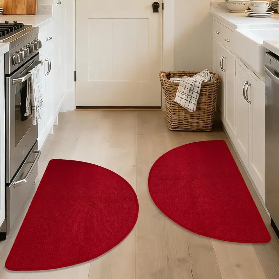 Half Circle Red Kitchen Rugs,2 Pack 17”x30”, Non-Slip Water Oil Absorbent Kitchen Mats, Machine Washable Floor Protector,Braided Quick Dry Kitchen Standing Mat for in Christmas Holiday
