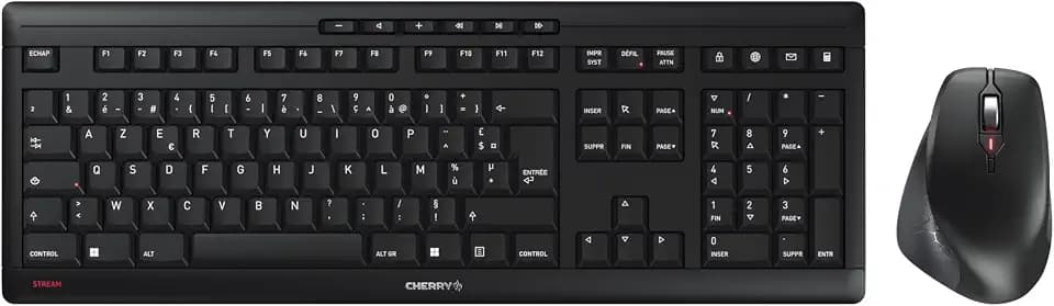 Cherry STREAM DESKTOP COMFORT Tastatur-und-Maus-Set 100% full size kabellos 2,4 GHz AZERTY Französisch Tastenschalter: CHERRY SX Black Gray