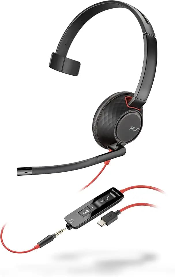 Schnurgebundenes Headset Poly Blackwire 5210 (Plantronics) Flexibler Mikrofonarm mit Noise Cancelling - Ein-Ohr – Verbindung mit PC/Mobilgeräten über USB-C, USB-A oder 3,5 mm, Kompatibel: Teams, Zoom