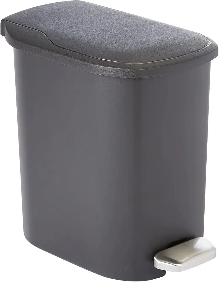 Amazon Basics Compact Plastic Bathroom Trash Can with Soft-Close Lid, Hands-Free Foot Pedal, Removable Inner Bucket, 6L / 1.6 Gallon, Black