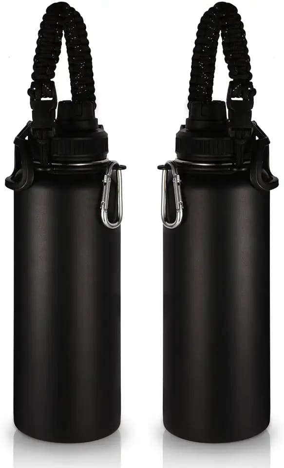 Volhoply Insulated Water Bottles Bulk 2 Pack, 40 oz Stainless Steel Sports Bottle with Paracord Handle & Spout Lid,Metal Travel Water Cups with Wide Mouth,Reusable Big jug for Adults(Black,2 Set)