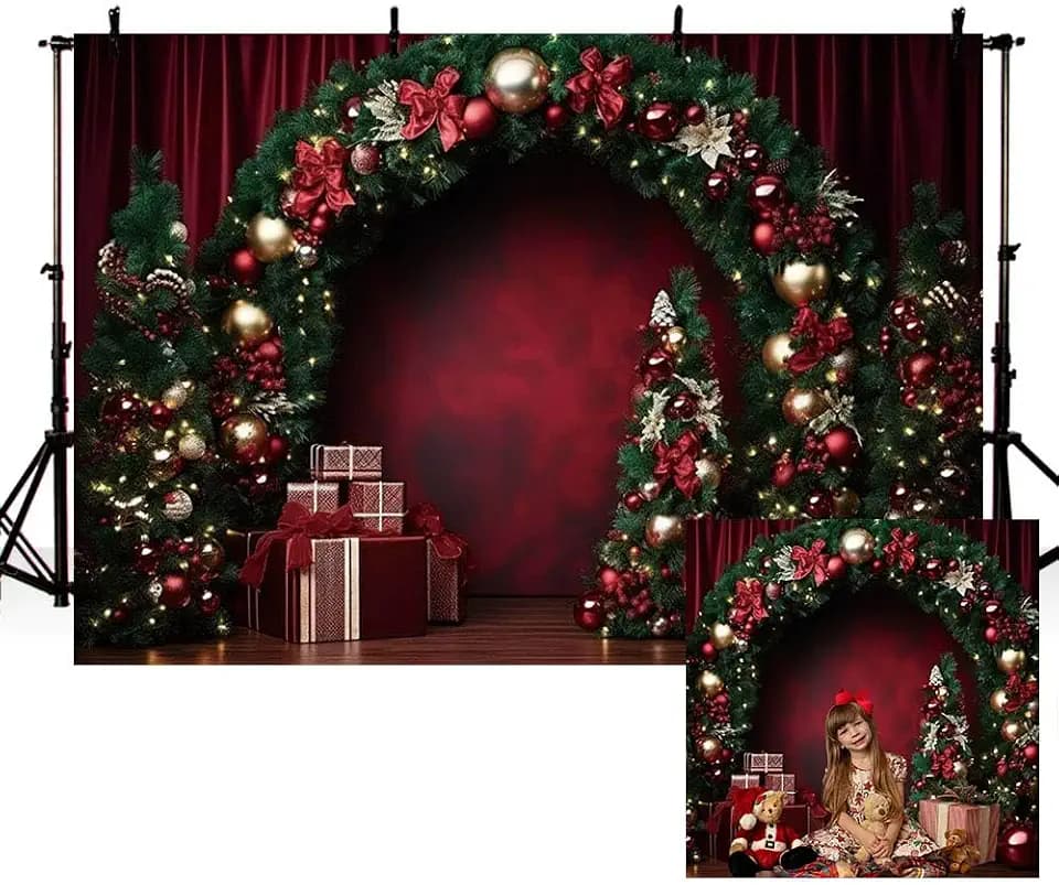 MEHOFOND 2,1 x 1,5 m Weihnachts-Hintergrund, Winter, grüner Bogen, rote Schleife, Geschenk, Weihnachtsbaum, Fotografie, Hintergrund, Erwachsene, Kinder, Portrait, Zuhause, Party, Dekoration, Banner