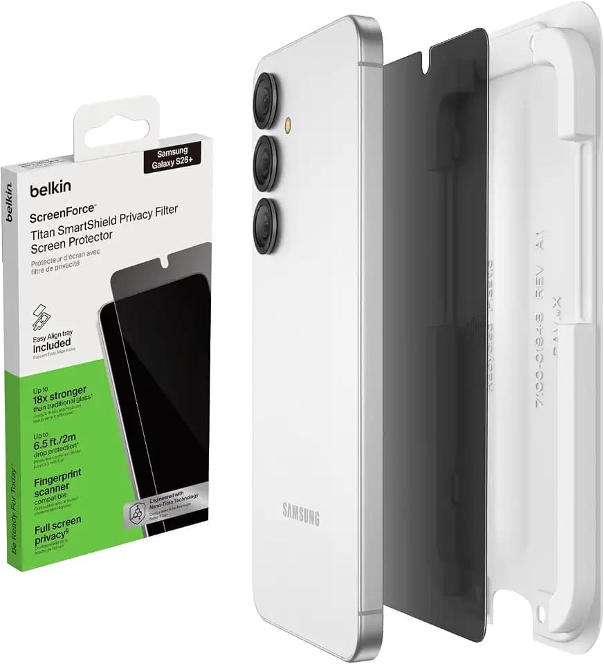 Belkin ScreenForce Titan SmartShield Schutzfolie mit Sichtschutz für Samsung Galaxy S26+, Kratzfest, Stoßfest, Anti-Fingerprint Folie, Ultradünn, Positionierungsschale zur Blasenfreien Anbringung