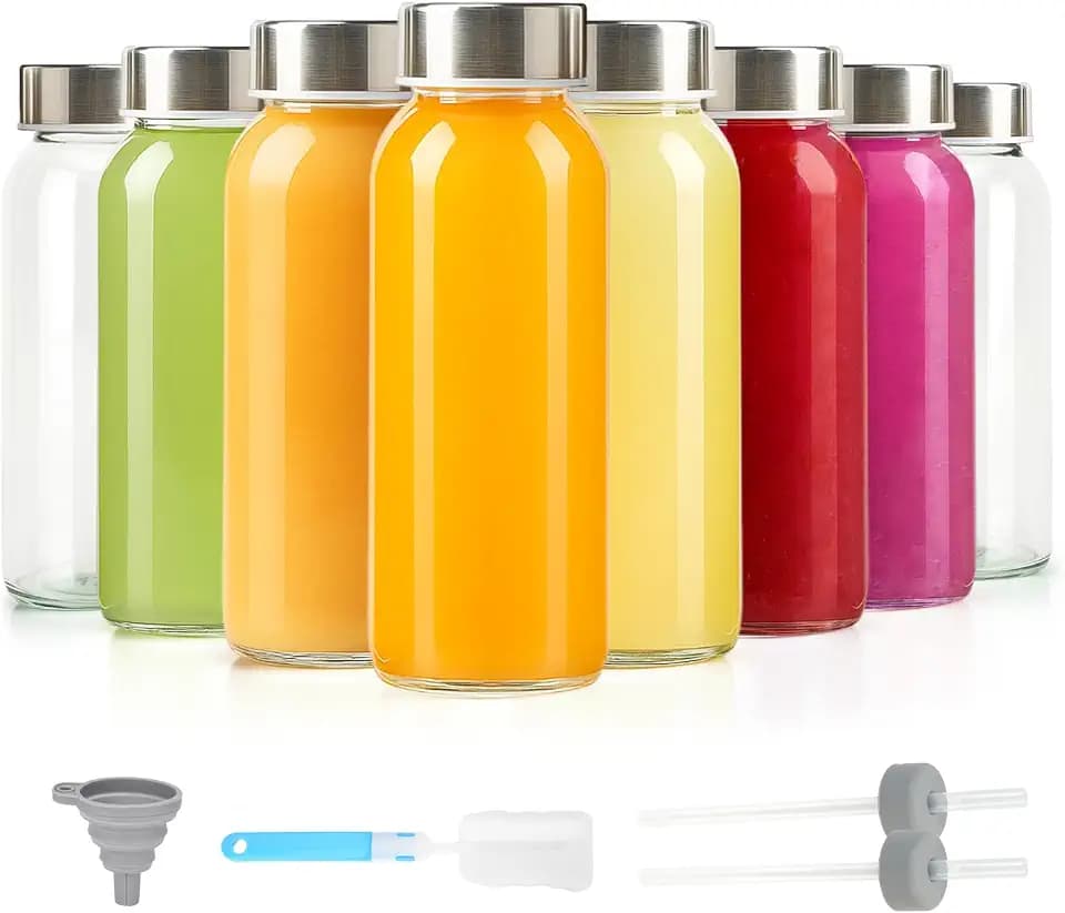 Zukro 10 oz Small Glass Juice Bottles with Stainless Steel Lid, 8 Pack