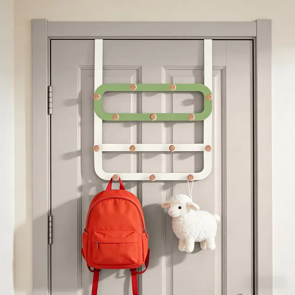 Over Door Hooks for Kids Backpacks - 21.5" Extra Long Door Hanger Low Reach, 14 Wooden Ball Coat Rack for Nursery Bedroom Bathroom, White & Green Purse Bag Towel Holder Organizer
