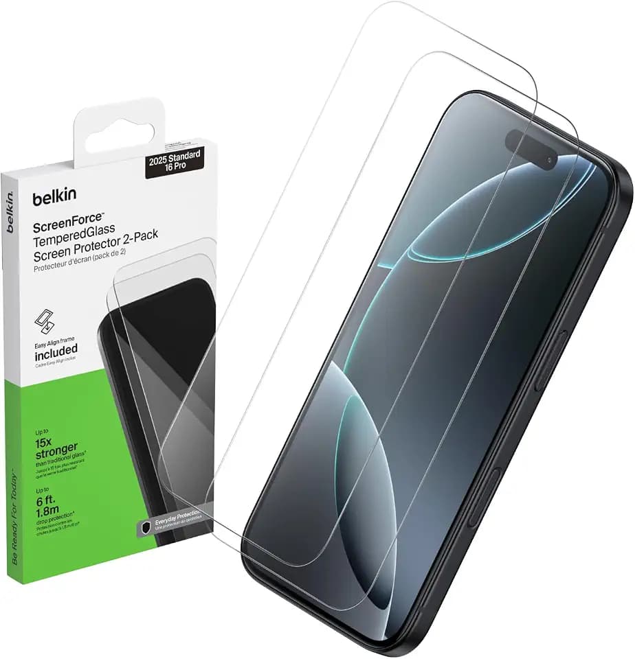 Belkin ScreenForce TemperedGlass Screen Protector for iPhone Air, Scratch-Resistant Impact Protection w/Included Easy Align Tray for Bubble Free Application, Recycled Glass - 2 Pack