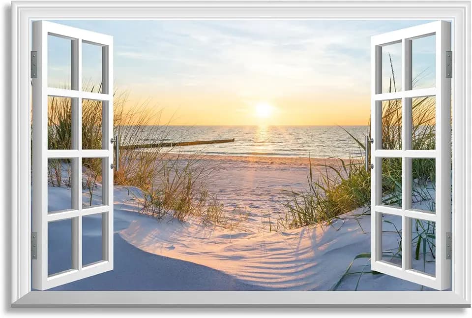 Woxfcart Beach Pictures Decor Wall Art Fake Open Windows Ocean Sunset Natural Scene on Canvas Prints for Home Yellow Walls 36 x 24