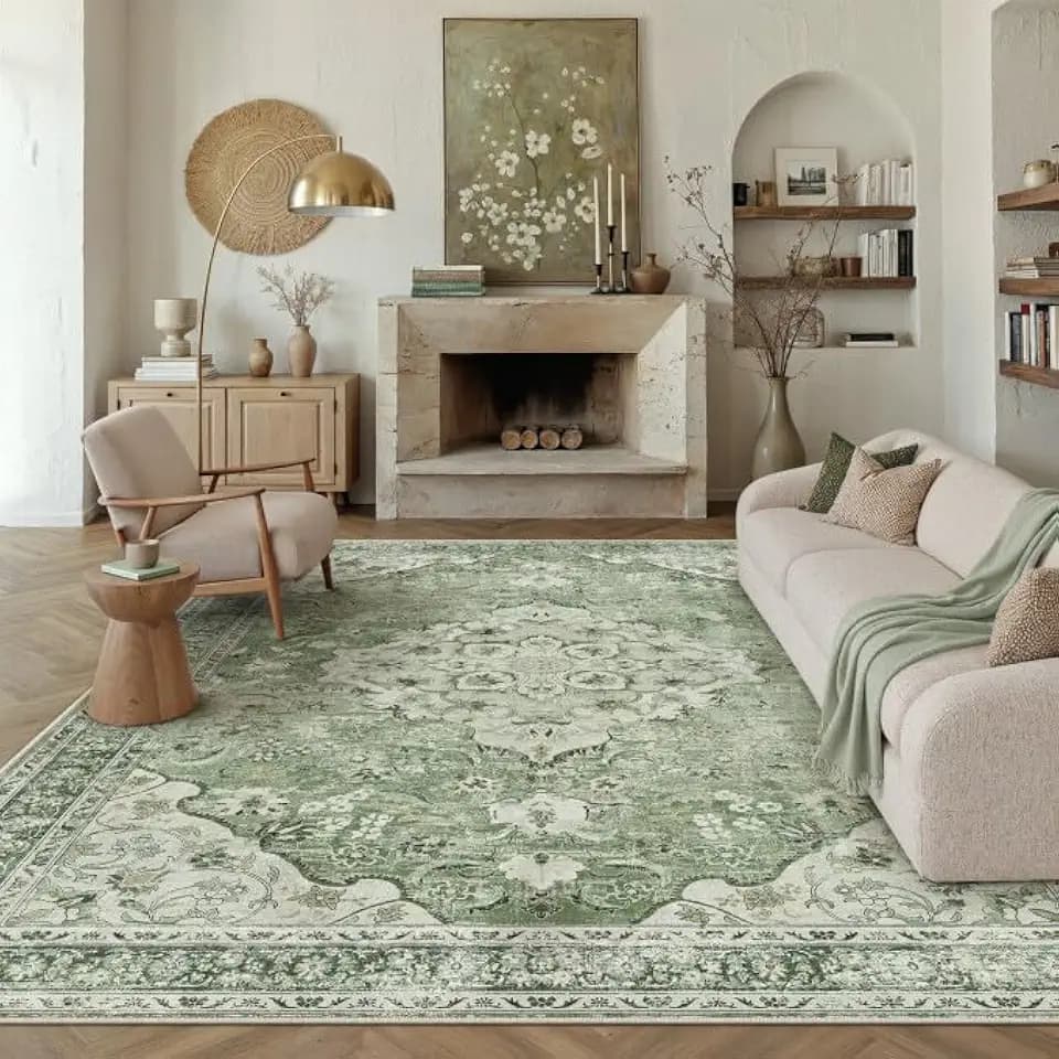 PureCozy Sage Green Area Rug 8x10 Living Room Vintage Non-Slip Carpet