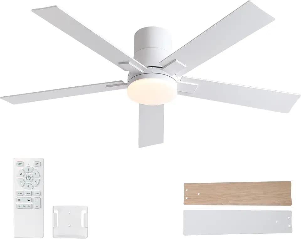 Rayqueen 52 Inch Flush Mount White Ceiling Fans with Lights and Remote