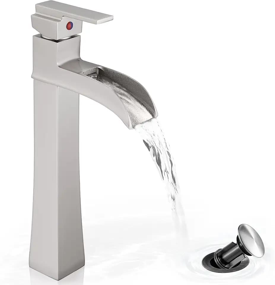Brushed Nickel Bathroom Vessel Sink Faucet, 12 Inch Brass Waterfall Tall Bathroom Faucet 1 Hole with Drain, Single Handle for Countertop Vanity Modern Retro Farmhouse Bowl Sink, 5 Mins Install