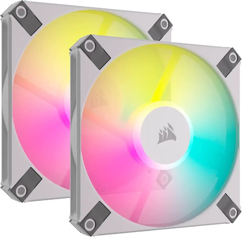 Corsair AF120 RGB Slim, 120-mm-PWM-Lüftersatz Mit Dynamischem Lager - Dünnes Profil Für Kleine Gehäuse - Bis zu 2000 U/min - 8 Adressierbare RGB-LEDs - Doppelpack Mit Lighting Node CORE - Weiß